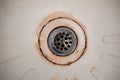 Dirty drain in the bathroom, cleaning service concept, old rusty shower drain Royalty Free Stock Photo