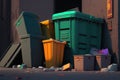 Dirty Dumpsters: close-up of overflowing dumpsters in an alley, with trash spilling onto the ground and attracting rats