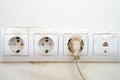 dirty dust on the power socket or connector and electric wire in the room. real old neglected dusty dirt on the electrical compute