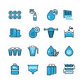 Dirty effluent water treatment plant and water filter for sewage sludge vector icons set