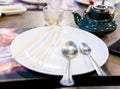 Dirty empty dish on the table. After lunch. Royalty Free Stock Photo
