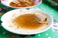 Dirty empty dish after tasty thailand traditional spicy minced p Royalty Free Stock Photo