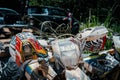 Dirty Enduro motorcycles at the parking space after practice Royalty Free Stock Photo