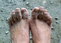 Dirty feet of a man. Muddy feet of a man