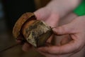 dirty female hands brush with an edible forest brown mushroom