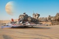 Dirty fighter space ship on a remote desert alien planet. 3D rendering