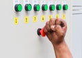 Dirty fist smash touch on red emergency stop switch Royalty Free Stock Photo