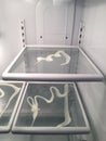 Dirty fridge and cleaning solution on glass shelves