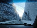 Dirty front car wind screen - dashboard passanger perspective - driving thru forest in polish mountains