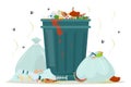 Dirty garbage around the trashcan vector isolated