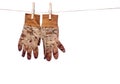 Dirty garden work gloves hanging on a clothesline