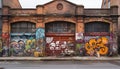 Dirty graffiti on old building exterior showcases city vibrant cultures generated by AI