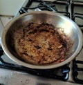 Dirty and greasy frying pan over a stove.