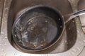 Dirty greasy frying pan in the washbasin