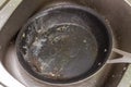 Dirty greasy frying pan in the washbasin