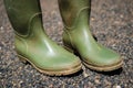 Dirty green rubber boots closeup in garden Royalty Free Stock Photo