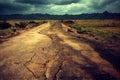 Dirty ground country road panoramic view with dramatic sky on horizon. Farming scene with transport way through meadow