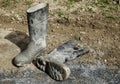 Concreting tools gum boots dirty Royalty Free Stock Photo