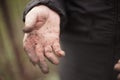 Dirty hand after garden work. Farmer without gloves