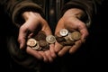 Dirty hands of a beggar man with coins