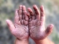 Dirty hands of boy child after playing in the garden Royalty Free Stock Photo