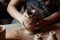 Hands of skilled woman making shape of decorative vase for home interior