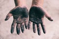 Dirty hands worker hands man - Open hands stained