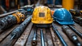 Dirty hard hats, tools, construction site Royalty Free Stock Photo