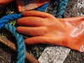 Dirty heavily used rubber work protective gloves