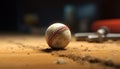 Dirty infield, selective focus on baseball equipment, competitive team sport generated by AI