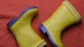 Dirty kids yellow rubber boots top view