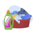 Dirty laundry basket with detergent washing cleaning gel vector flat illustration Royalty Free Stock Photo
