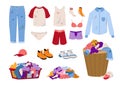 Dirty laundry. Cartoon seasonal clothing with mud stains. Pile of men and women garments. T-shirts jeans socks with spots. Basket Royalty Free Stock Photo