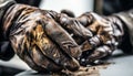 Dirty leather glove protects hand of skilled craftsperson in workshop generated by AI