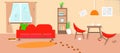 Dirty living room in beige color before cleaning. Tiding service. Flat style. Vector stock illustration