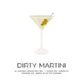 Dirty Martini Cocktail in glass with ice and stuffed olives on skewer. Summer aperitif recipe retro square card