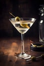 Dirty martini cocktail with olives in glass on a dark background. Generated AI Royalty Free Stock Photo