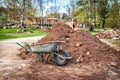 Dirty metal garden wheelbarrow on the bare ground Royalty Free Stock Photo