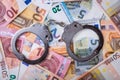 Dirty money and corruption concept - handcuffs with euro bills Royalty Free Stock Photo