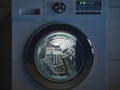 Dirty money laundering concept. Dollar packs laundering in washing machine under clioud of night