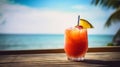 Dirty Monkey cocktail on background with blue sea and sky tropical background. Generative AI