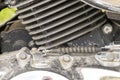 Dirty motorcycle engine close, engine cooling, dirty roads