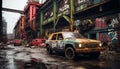 Dirty old car speeds through city streets, bumper damaged generated by AI