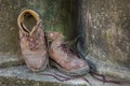 Dirty old shoes on grunge background. Royalty Free Stock Photo