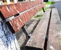 Dirty old wooden bench with pigeon manure, horror landscape, scary objects