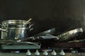 Dirty Pans on a Gas Stove with Black Background 4 Royalty Free Stock Photo