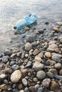 Water pollution. Plastic bottle on the river beach. Royalty Free Stock Photo