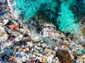 Dirty plastic bottles and bags garbage. Ocean pollution in water recycle Asia and India concept. Aerial top view Royalty Free Stock Photo