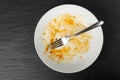 Dirty Plate on Black Stone, Empty Bowl after Dinner, Finished Lunch, Oil and Smeared Sauce Royalty Free Stock Photo