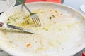 Dirty Plate Closeup, Empty Bowl after Dinner, Finished Lunch with Pizza, Oil and Smeared Sauce